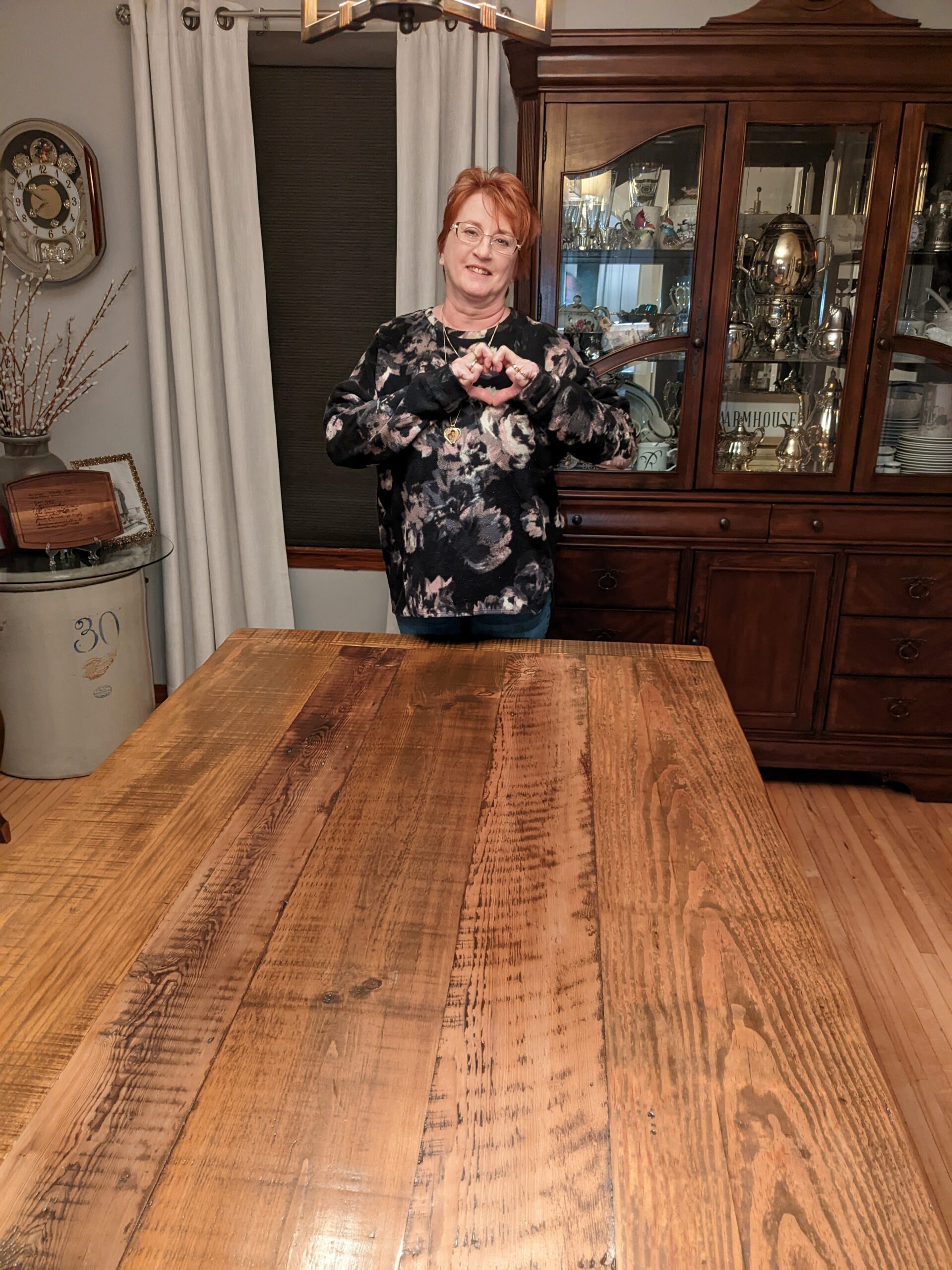 patty with her new reclaimed wood trestle table
