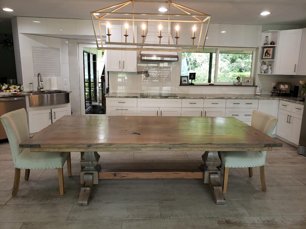 Extra wide trestle farm table in distressed gray