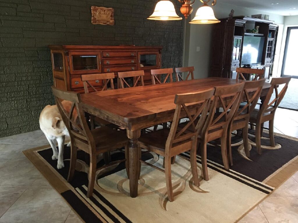 Honey farm table with turned legs and X back chairs