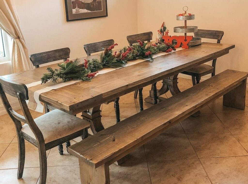 Trestle farm table with curved pedestals and matching bench