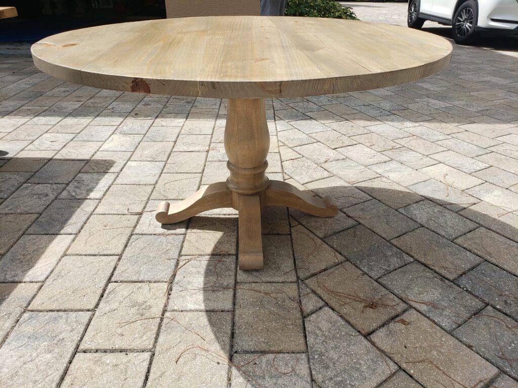 weathered oak round table with 6" thick pedestal