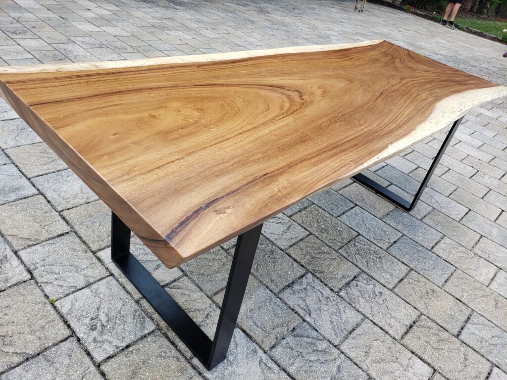 walnut live edge dining table with black metal legs