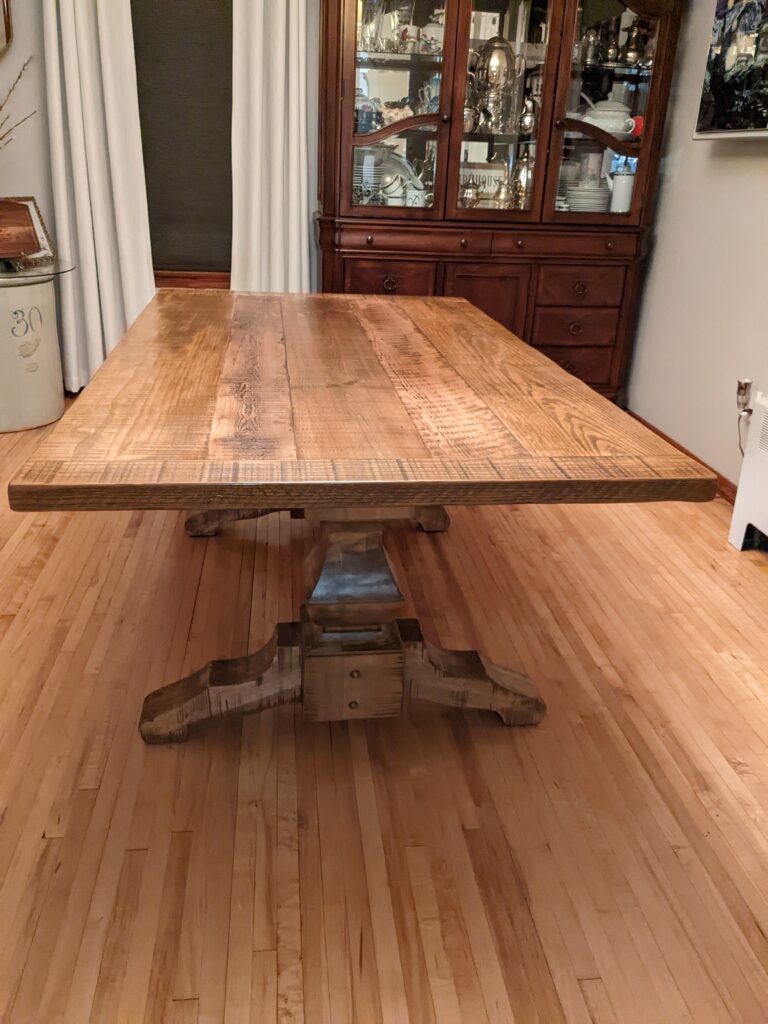 reclaimed wood honey trestle table end shot