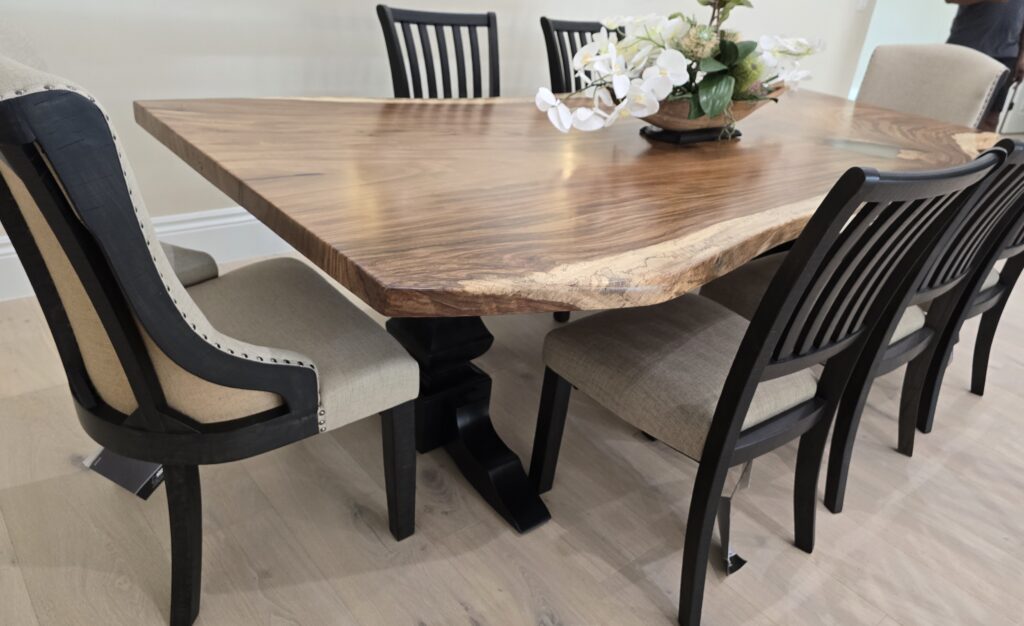 8ft Live Edge Dining Table with Black Wood Pedestal Bases